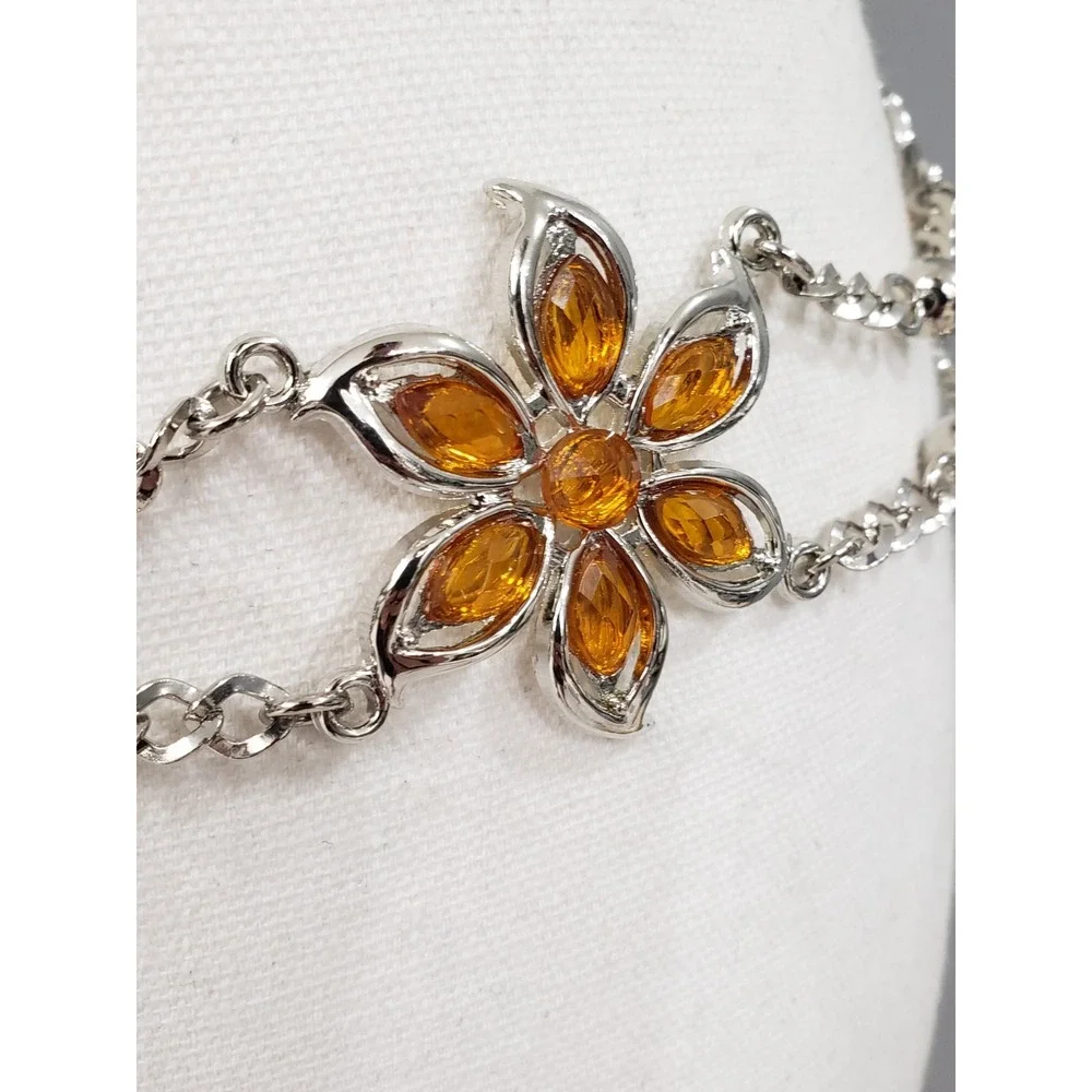 Vintage Y2K FLOWER LOTUS ORANGE RHINESTONE SILVER CHAIN BELT 90s 2000s